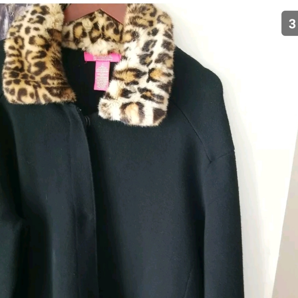 Catherine Malandrino Womens Leopard Faux Fur Collar Black Winter Coat Size Small